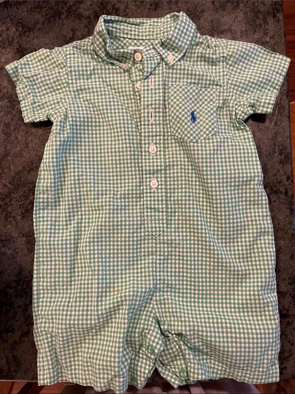 Ralph Lauren Light Green Gingham Baby Romper